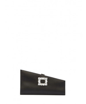 Black Satin Asymmetrical Buckle Clutch with Crystal Detail for Women