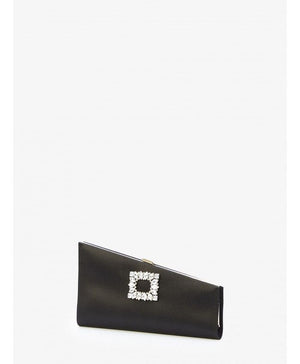 Black Satin Asymmetrical Buckle Clutch with Crystal Detail for Women