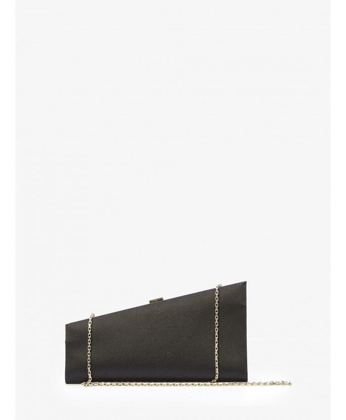 Black Satin Asymmetrical Buckle Clutch with Crystal Detail for Women