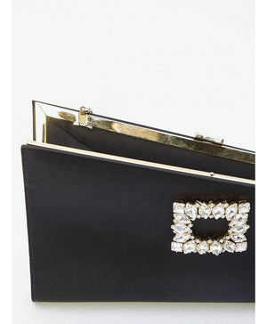 Black Satin Asymmetrical Buckle Clutch with Crystal Detail for Women