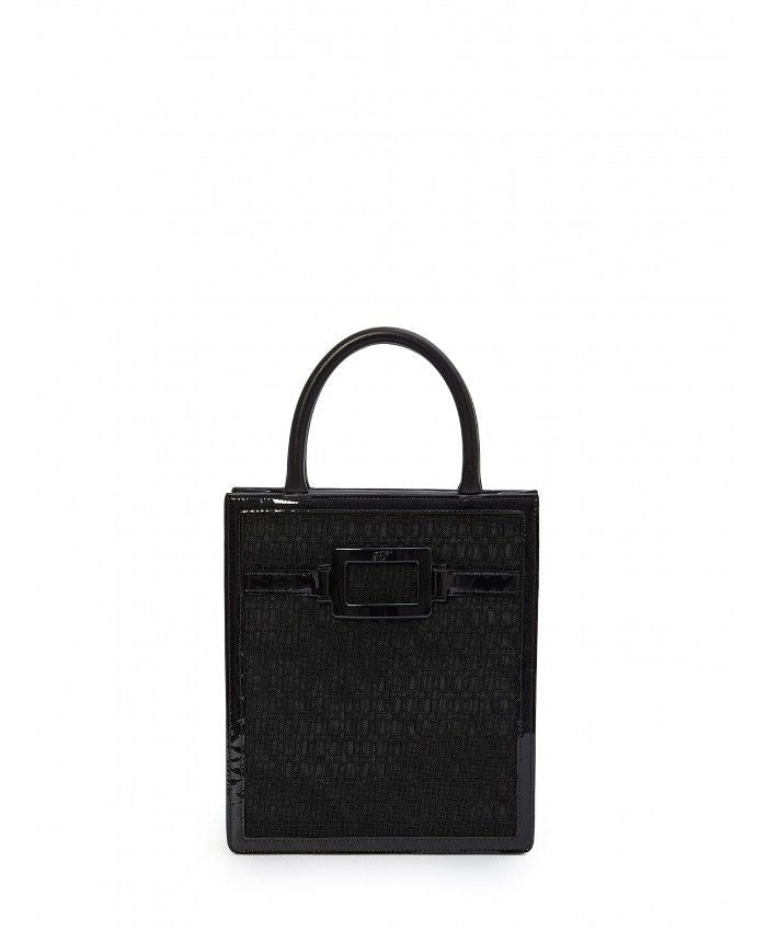 Embroidered Black Tote Bag with Leather Inserts