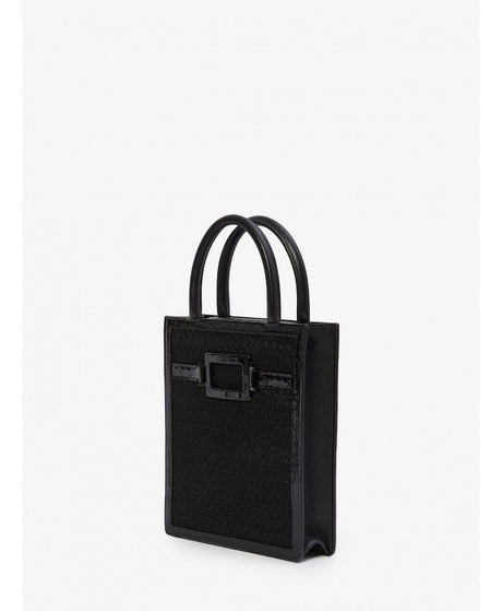 Embroidered Black Tote Bag with Leather Inserts