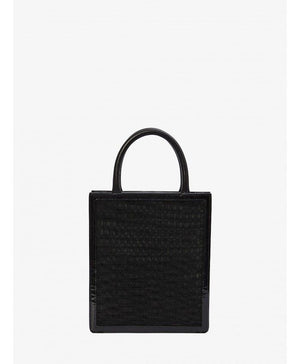 Embroidered Black Tote Bag with Leather Inserts