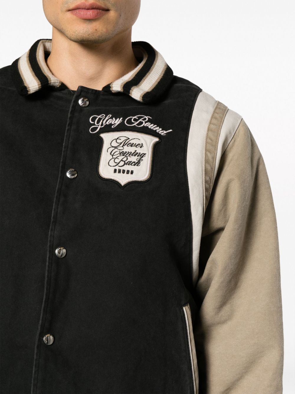 RHUDE Color-Blocked Canvas Bomber Jacket with Embroidered and Appliqué Logos