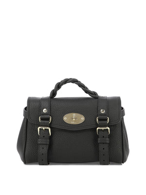 MULBERRY Mini Alexa Crossbody Handbag with Braided Top Handle and Postman's Lock Closure in Black Leather