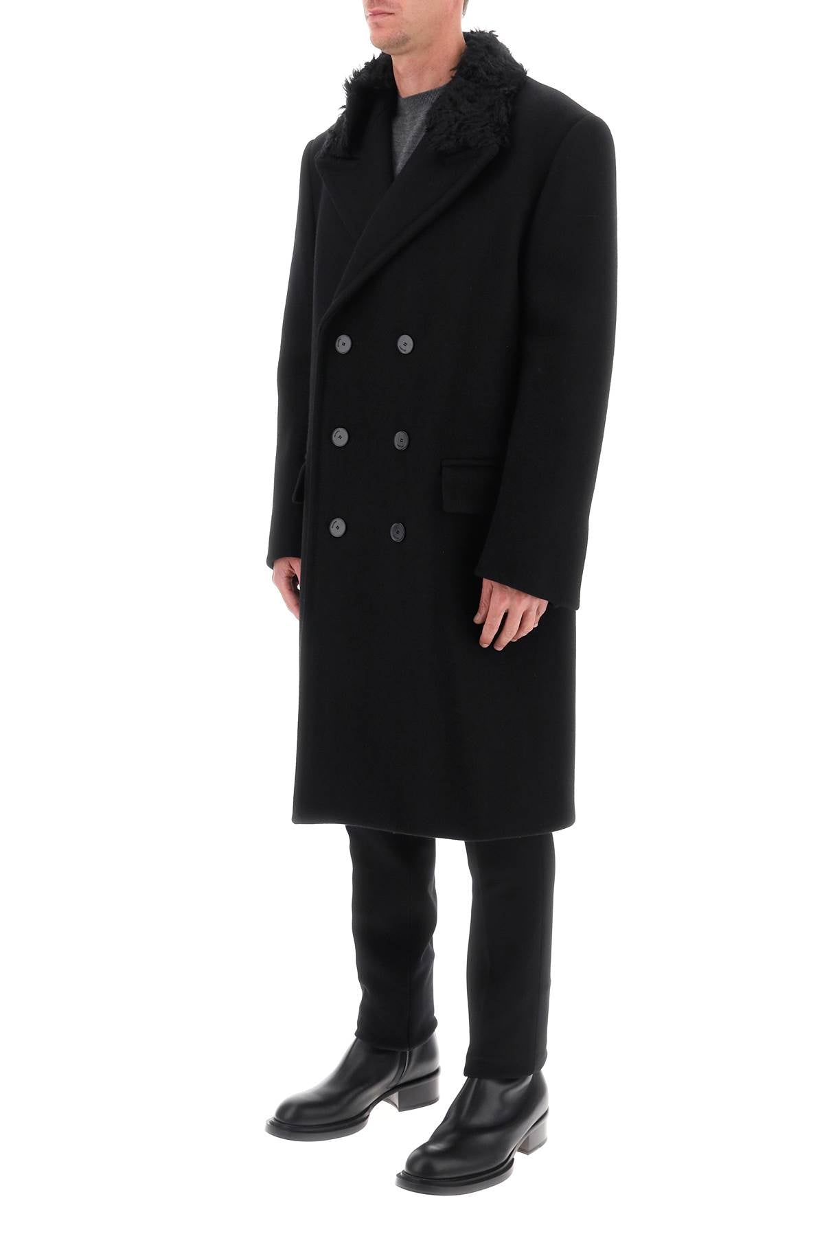 LANVIN Men's Black Wool Double-Breasted Jacket with Removable Mohair Collar