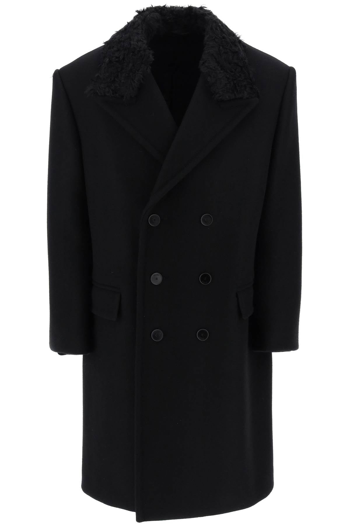 LANVIN Men's Black Wool Double-Breasted Jacket with Removable Mohair Collar