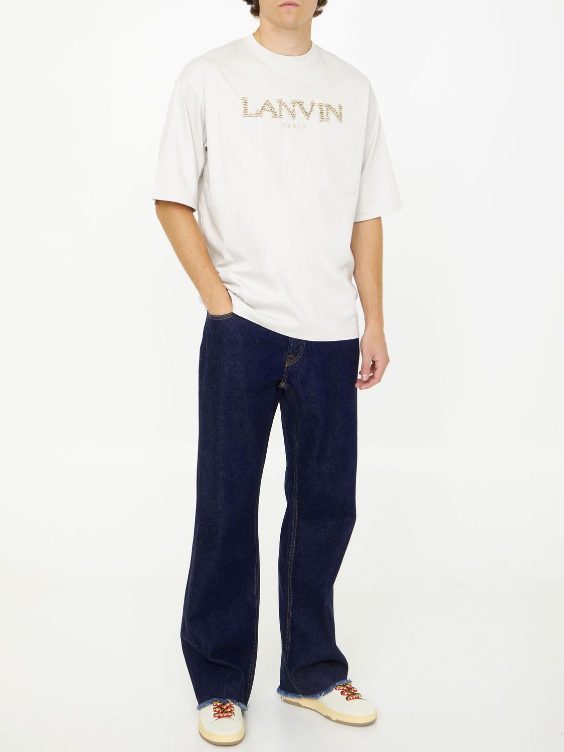 LANVIN Áo thun cotton màu đất với logo thêu