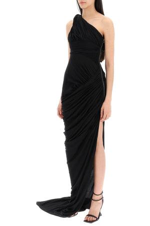 RICK OWENS Asymmetrical One-Shoulder Maxi Dress in Sheer Black Cotton