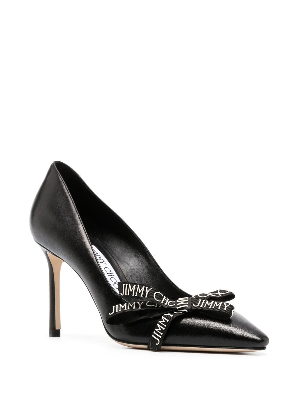 JIMMY CHOO Black Leather 85mm Pumps for Women with Bow Detailing and Pointed Toe