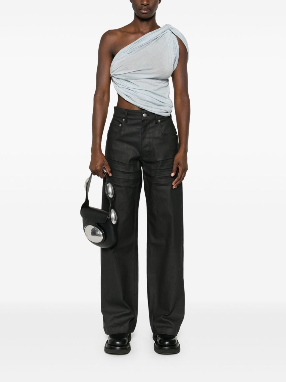 RICK OWENS Coated Denim Pants with Extended Lapels and Multiple Pockets