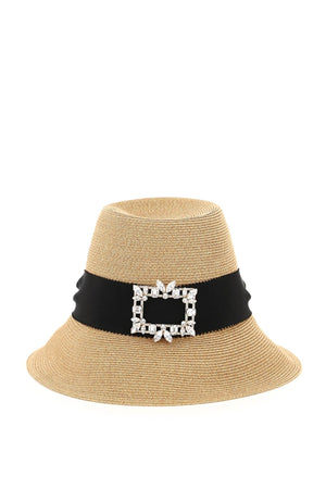 Woven Straw Hat with Crystal Broche Buckle