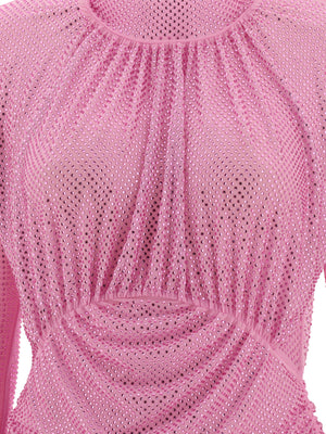 فستان بلمعة رائعة بتصميم الريش باللون الوردي للنساء - مجموعة SS24