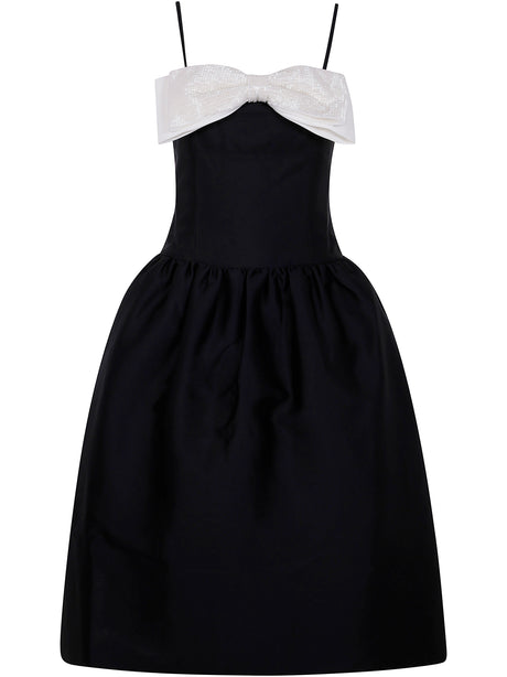 SELF-PORTRAIT Elegant Black Taffeta Contrast Bow Midi Dress