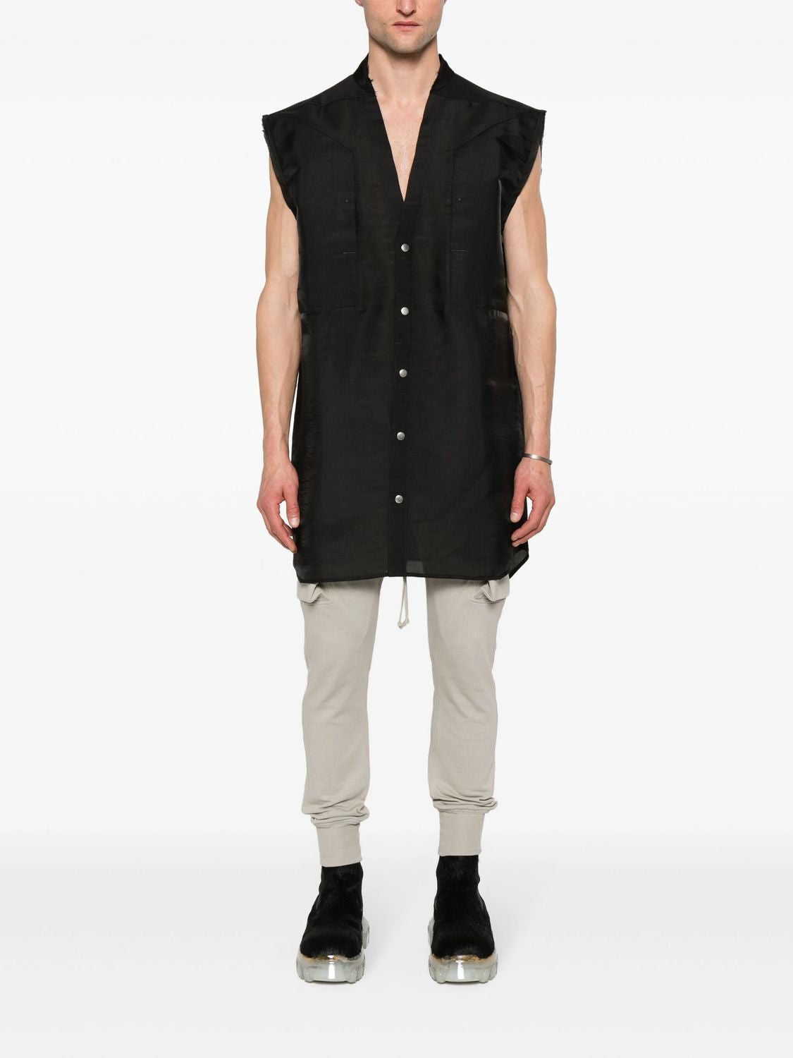 RICK OWENS Men's Black Raw Silk V-neck Vest with Strap Detailing and Press-Stud Fastening