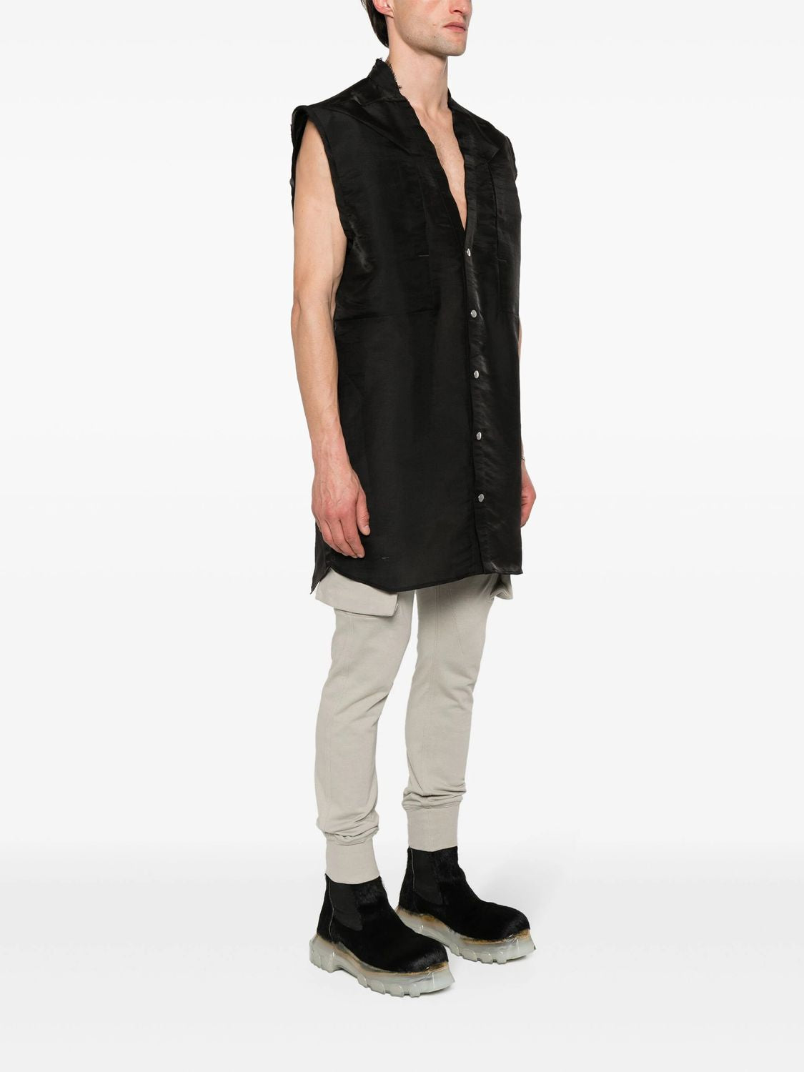 RICK OWENS Men's Black Raw Silk V-neck Vest with Strap Detailing and Press-Stud Fastening