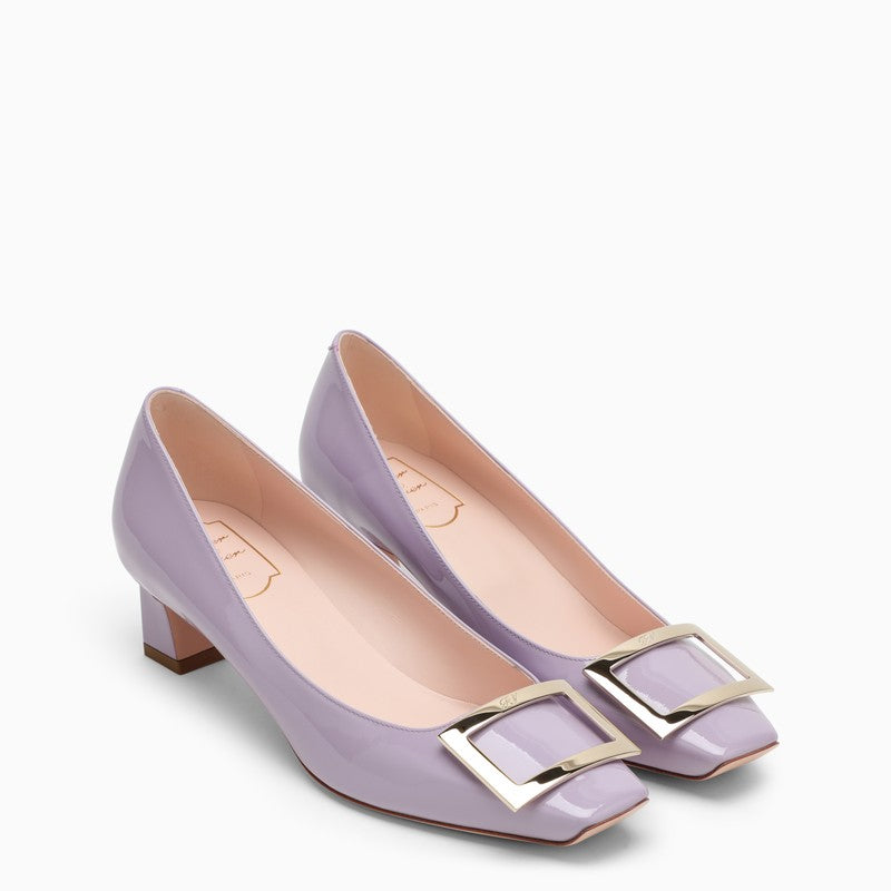 ROGER VIVIER Lilac Patent Leather Low Heel Pumps with Decorative Buckle & Square Toe