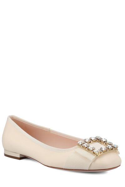 ROGER VIVIER Elegant Cream Leather Ballerinas with Ribbon Inserts and Crystal Buckle for Women