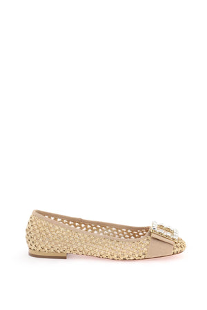 Chic Sand-Colored Ballerinas with Crystal Buckle and Fabric Ribbon