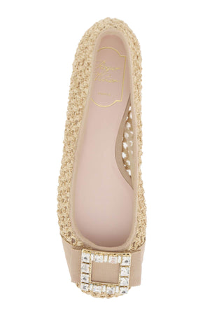 Chic Sand-Colored Ballerinas with Crystal Buckle and Fabric Ribbon