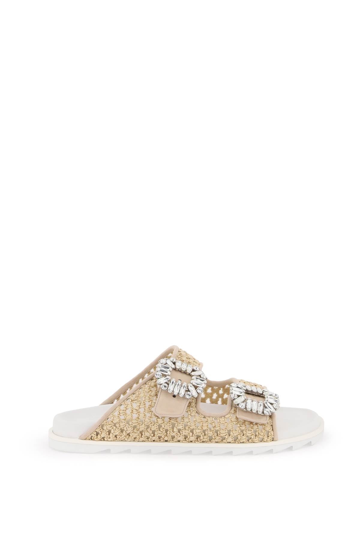 ROGER VIVIER Tan Rafia Slide Sandals with Strass Buckle for Women - SS24 Collection