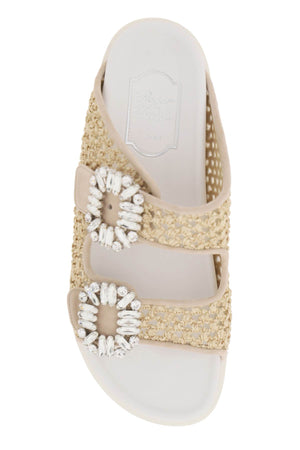 ROGER VIVIER Tan Flat with Raffia and Crystal Buckles for Women