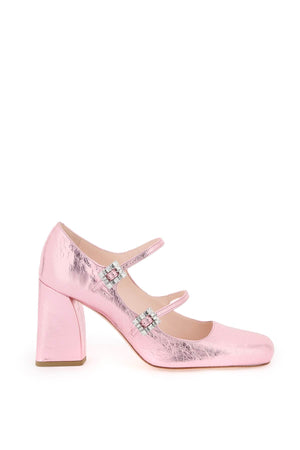 ROGER VIVIER Crinkled Metallic Leather Mary Jane Pumps with Rhinestone Buckle - SS24 Collection