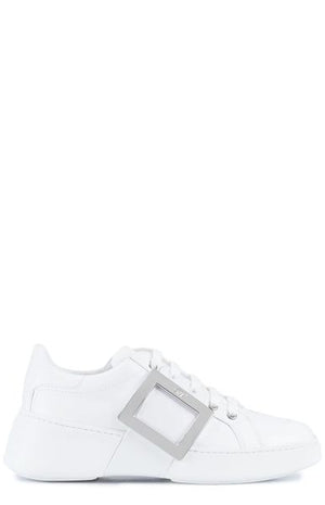 ROGER VIVIER Chic White Leather Sneakers with Metallic Square Buckle