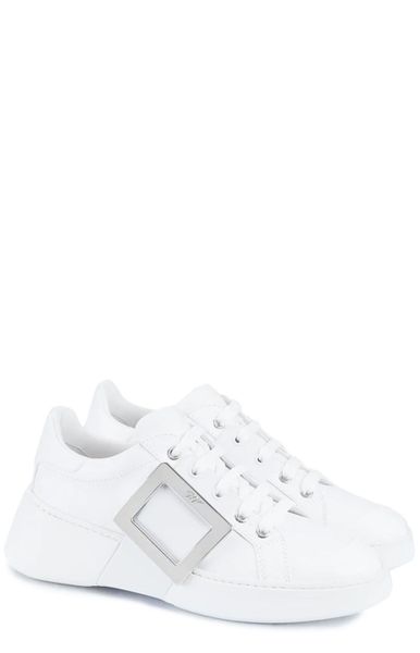 ROGER VIVIER Chic White Leather Sneakers with Metallic Square Buckle