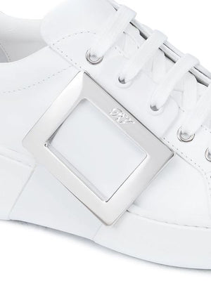 ROGER VIVIER Chic White Leather Sneakers with Metallic Square Buckle