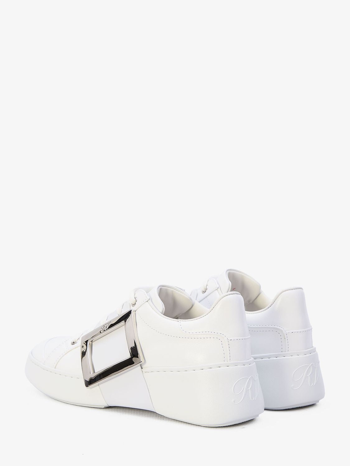 ROGER VIVIER Chic White Leather Sneakers with Metallic Square Buckle