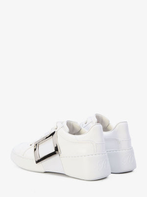 ROGER VIVIER Chic White Leather Sneakers with Metallic Square Buckle