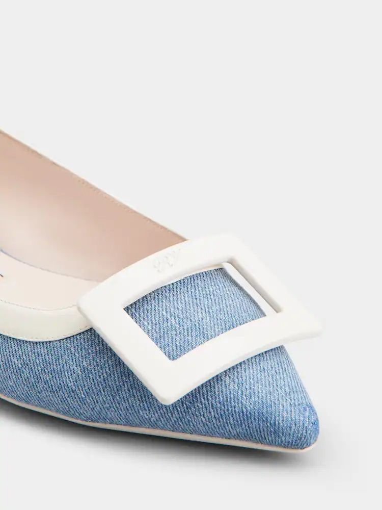 ROGER VIVIER Blue and Ecru Denim Buckle Ballerinas