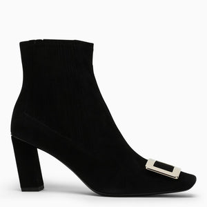 Black Suede Chelsea Boot with Iconic Metal Buckle and High Block Heel