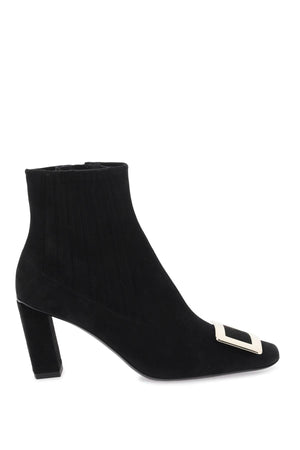Black Suede Chelsea Boot with Iconic Metal Buckle and High Block Heel