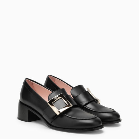 حذاء موكاسين جلد أسود مع إصبع مربع، إبزيم معدني، وكعب 5.5 سم للنساء