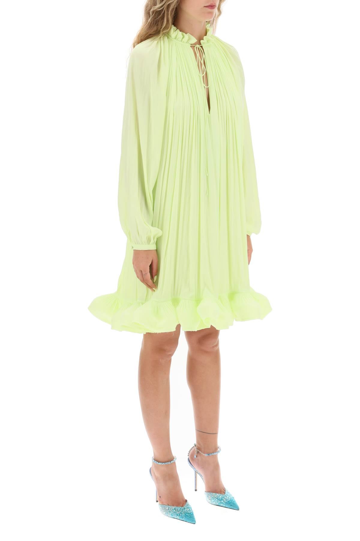 LANVIN Flowing Green Short Dress with Ruffled Hem and Long Sleeves