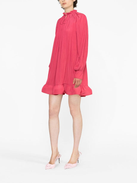 LANVIN Fuchsia Ruffle Charmeuse Mini Dress with High Neck and Tie Front