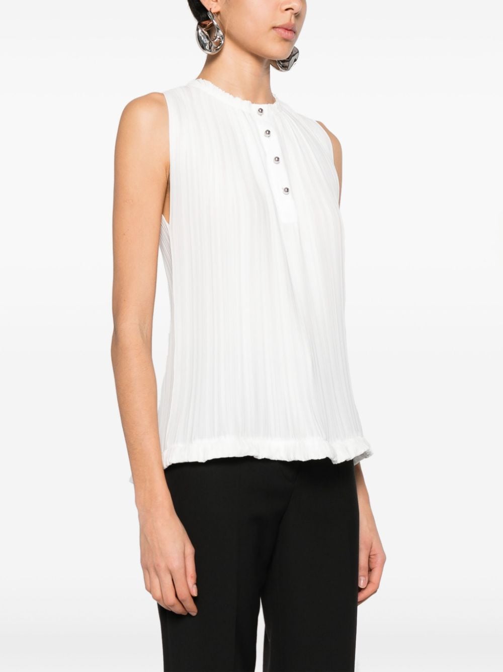 Sleeveless Plissé Top with Raw-Cut Detail