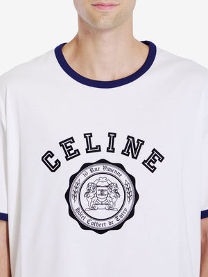 CELINE Contemporary White Cotton Crewneck T-Shirt with Flocked Logo