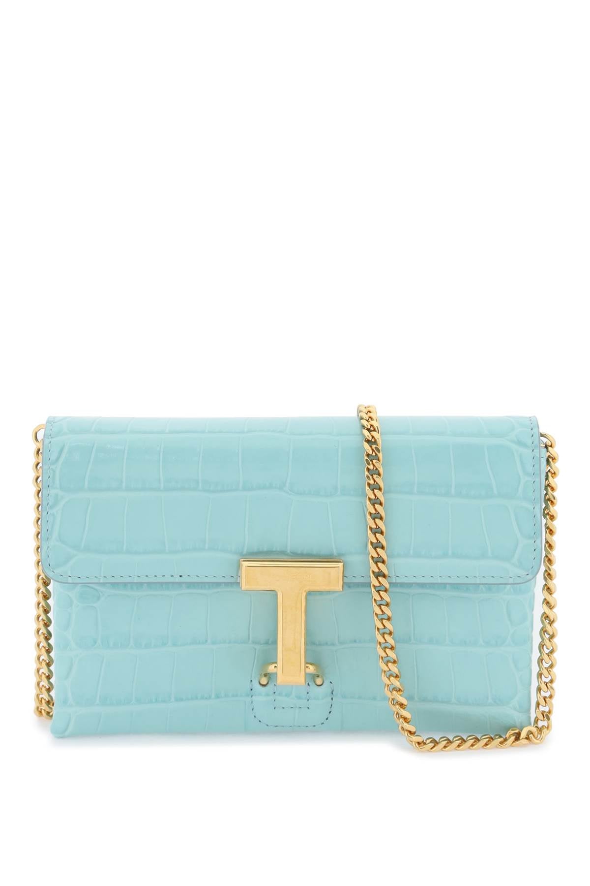 TOM FORD Light Blue Crocodile-Embossed Mini Leather Clutch with Gold-Tone Chain Strap