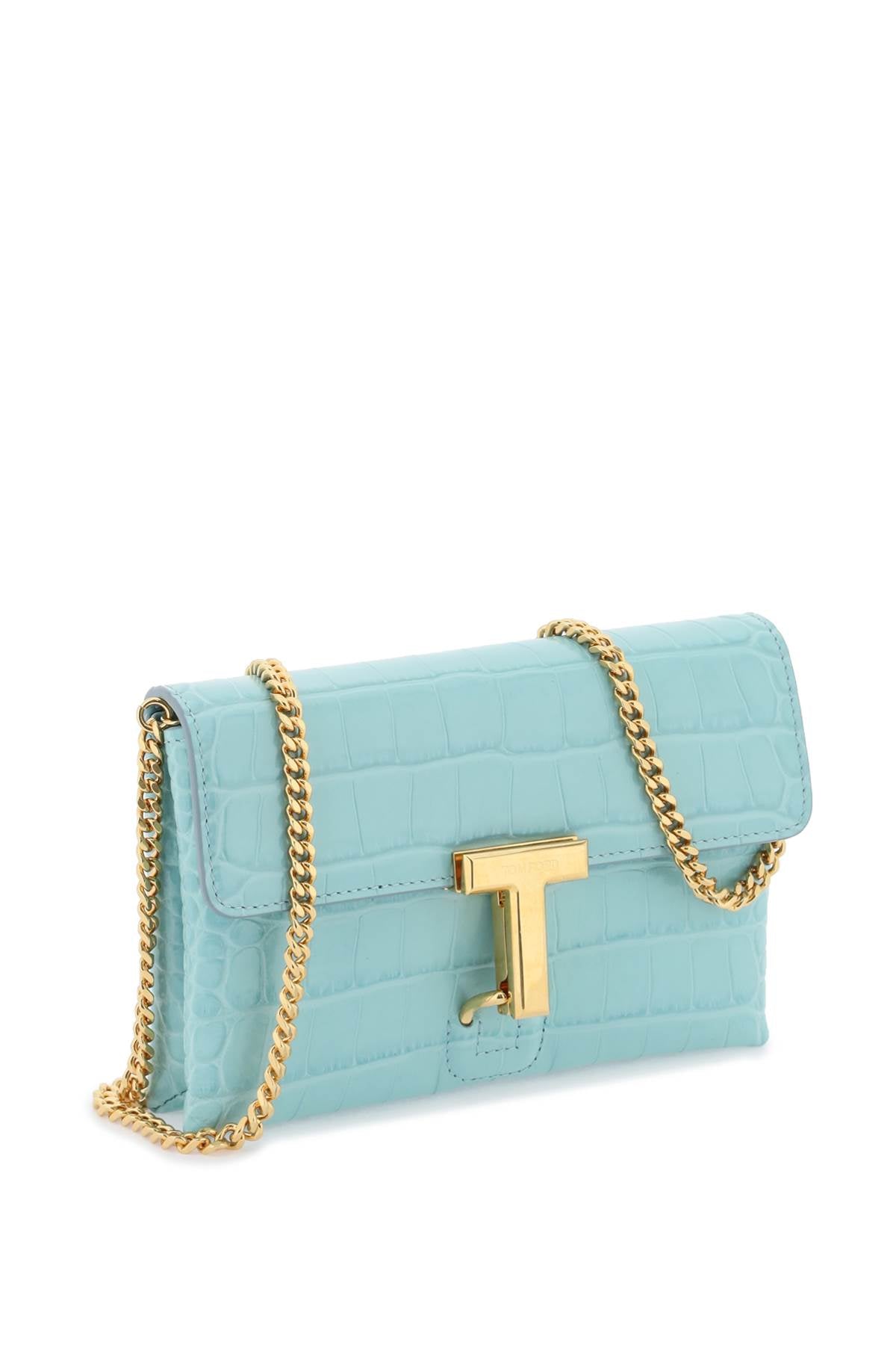 TOM FORD Light Blue Crocodile-Embossed Mini Leather Clutch with Gold-Tone Chain Strap