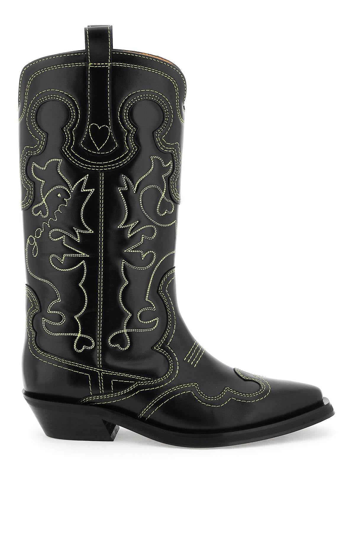 GANNI Black Embroidered Leather Western Boots - SS24 Collection