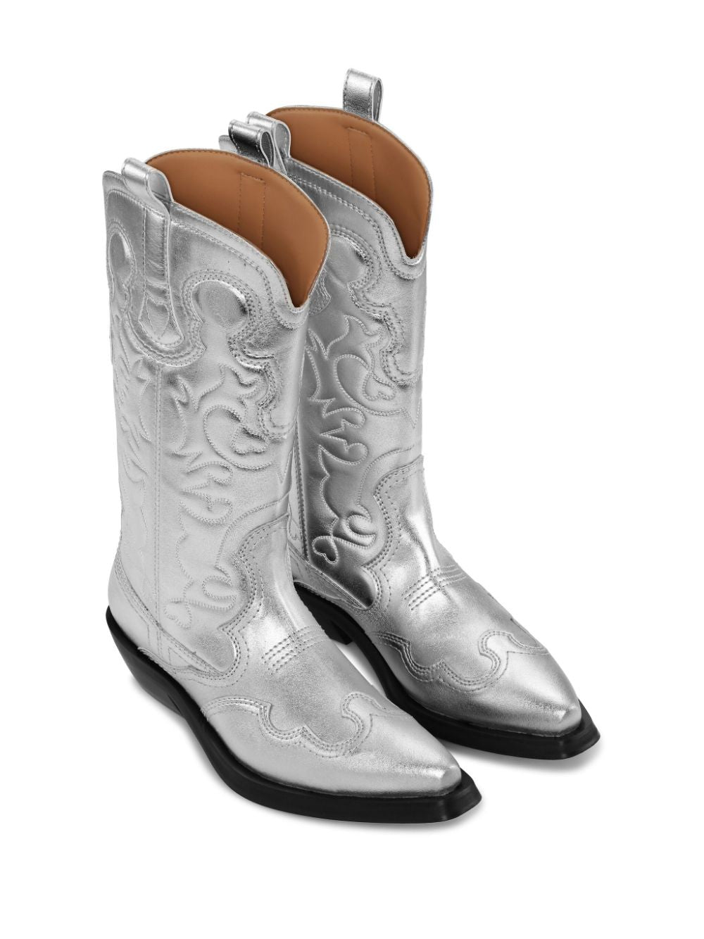 Silver Western Boots for Women with Metallic Sheen and Embroidered Motif