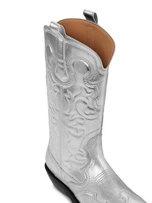 Silver Western Boots for Women with Metallic Sheen and Embroidered Motif