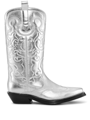 Silver Western Boots for Women with Metallic Sheen and Embroidered Motif