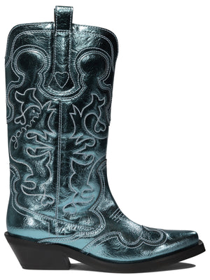 GANNI Chic Western-Inspired Metallic Blue Embroidered Boots