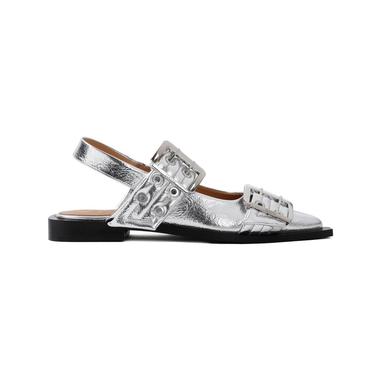 GANNI Chic Silver Buckle Flats