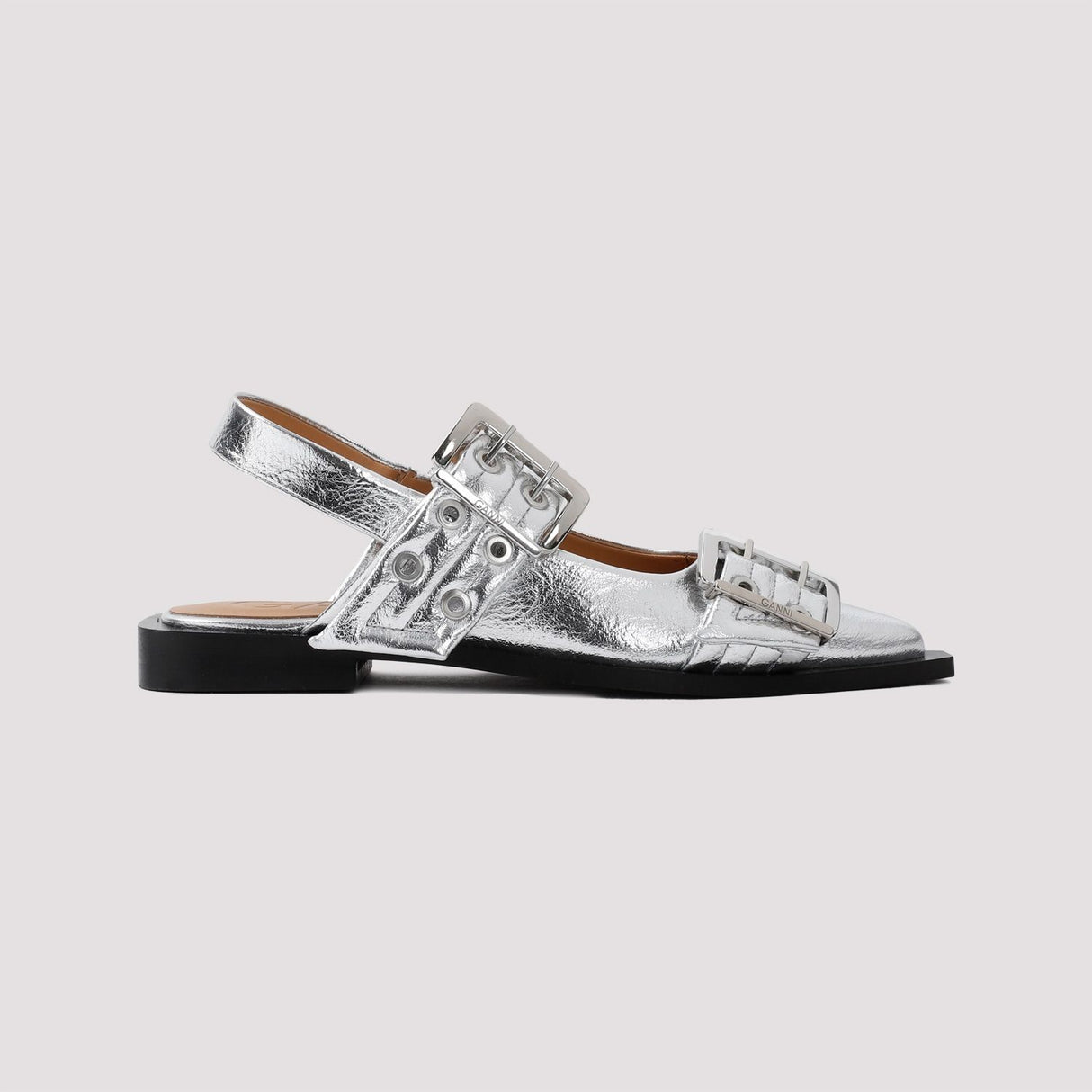 GANNI Chic Silver Buckle Flats