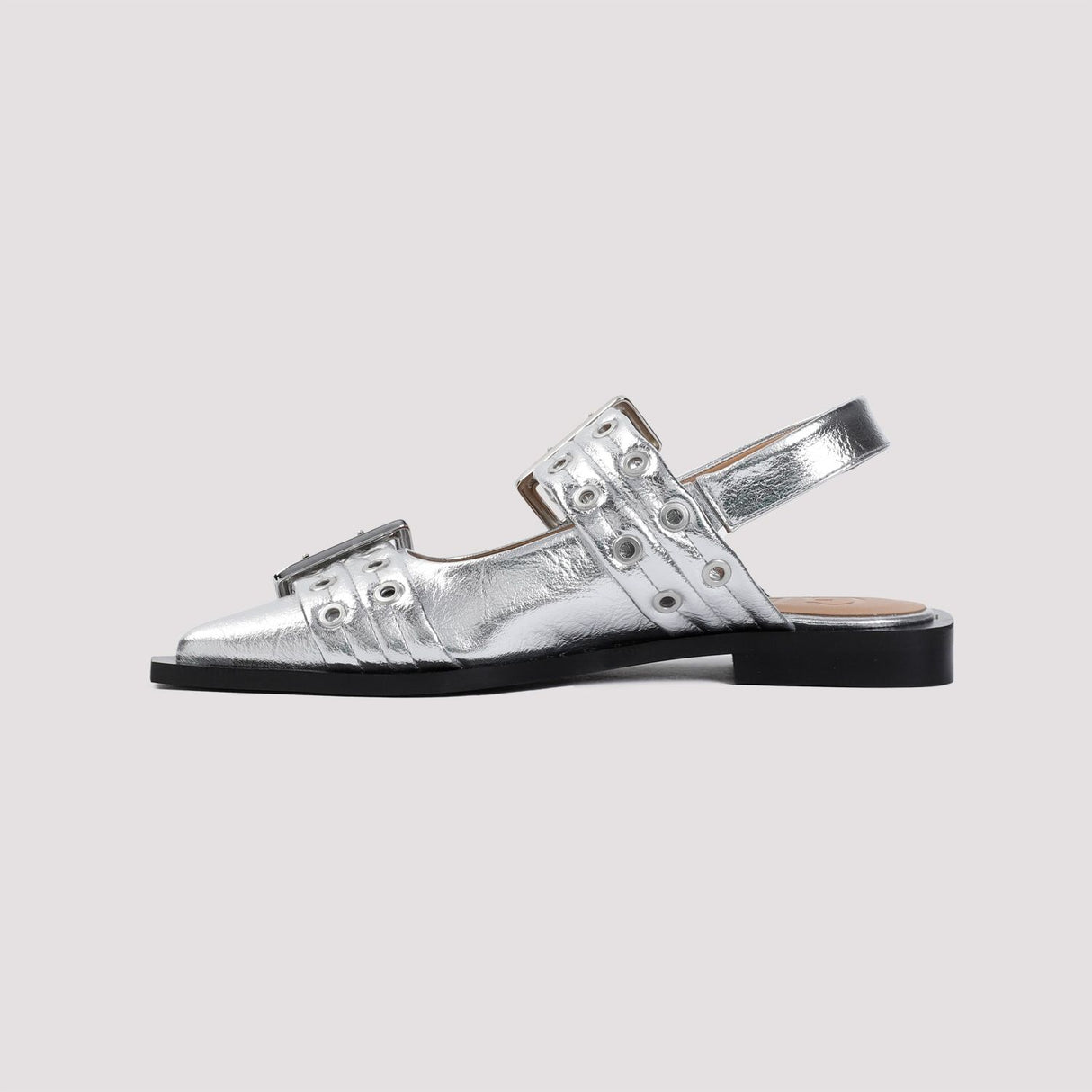 GANNI Chic Silver Buckle Flats